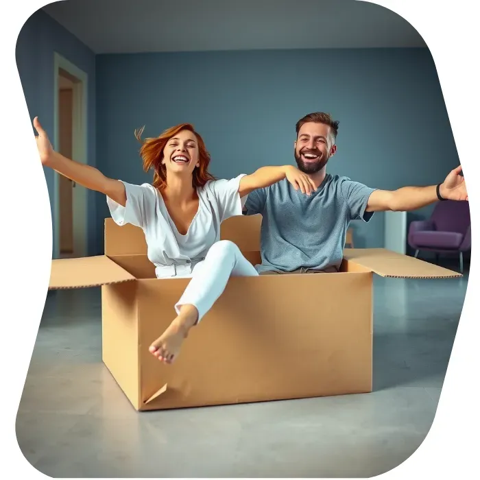 Two guys sitting on the floor of their apartment with Muval moving boxes